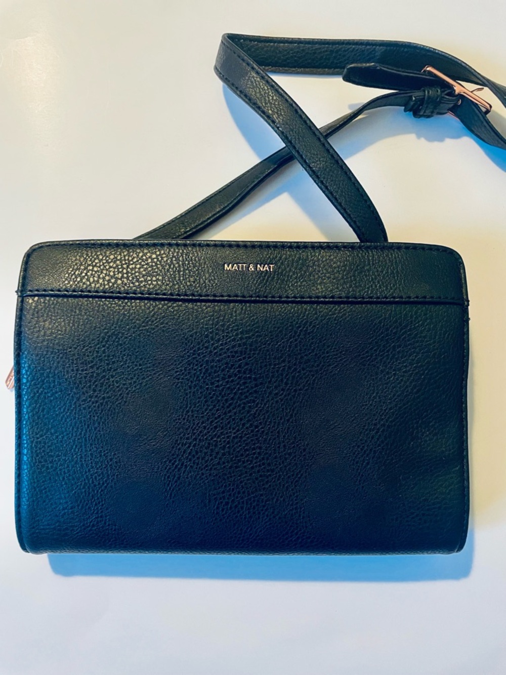 Matt & Nat Black Pebbled Vegan Crossbody with Rose Gold Buckle